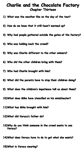 Charlie and the Chocolate Factory - Chapter Thirteen Reading Comprehension Questions