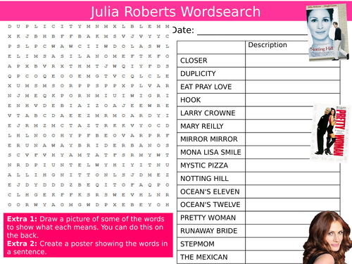 Julia Roberts Wordsearch Actor Drama Starter Settler Activity Homework Cover Lesson