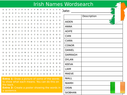 Irish Names Wordsearch Ireland Countries Starter Settler Activity Homework Cover Lesson