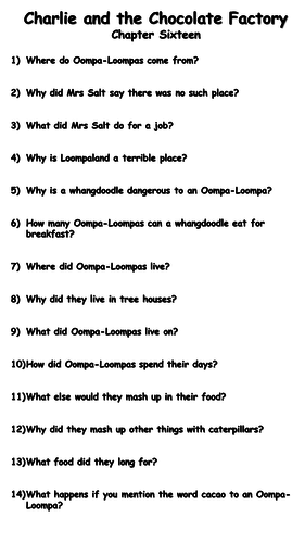 Charlie and the Chocolate Factory - Chapter Sixteen Reading Comprehension Questions