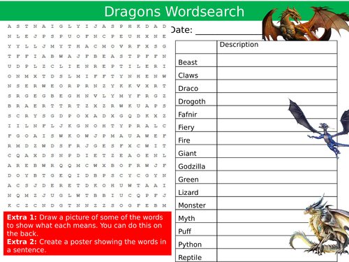 Dragons Wordsearch Animals Myths Legends Starter Settler Activity Homework Cover Lesson