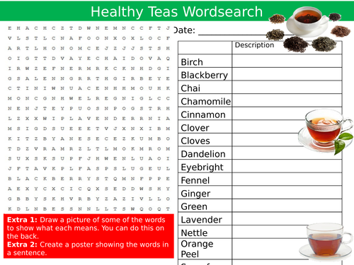Healthy Teas Tea Wordsearch Food Technology Starter Settler Activity Homework Cover Lesson