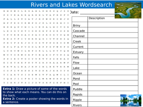 Rivers and Lakes Wordsearch Geography Starter Settler Activity Homework Cover Lesson
