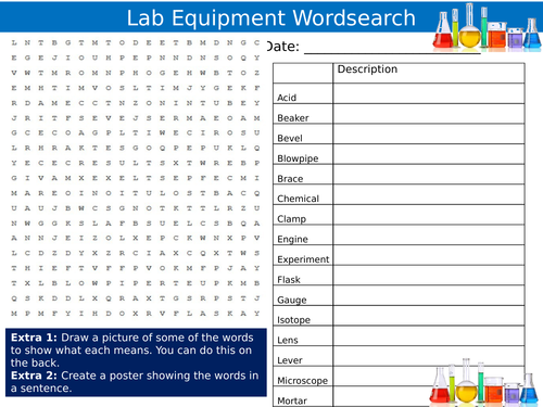 Science Lab Equipment Wordsearch Laboratory Starter Settler Activity Homework Cover Lesson