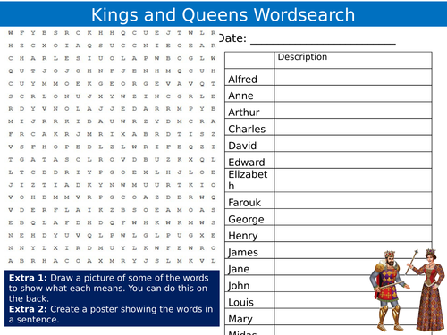 Kings and Queens Wordsearch History Starter Settler Activity Homework Cover Lesson