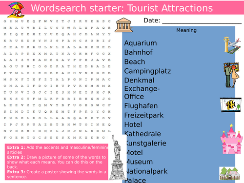 German Tourist Attractions Starter Activity Keywords KS3 GCSE Wordsearch Anagrams Crossword Cover