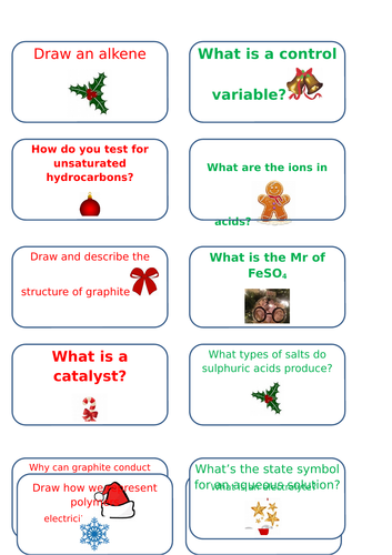 Xmas chemistry revision cards
