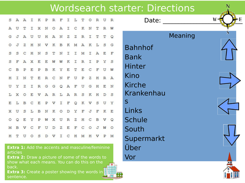 German Directions Starter Activity Keywords KS3 GCSE Wordsearch Anagrams Crossword Cover