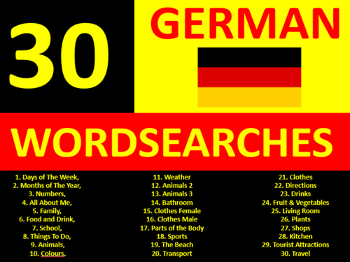 30 x Wordsearches German Language Keyword Starters Wordsearch Homework or Cover Lesson