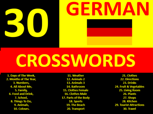 30 x Crosswords German Language Keyword Starters Wordsearch Homework or Cover Lesson