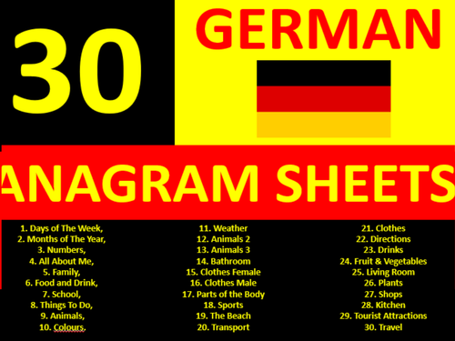 30 x Anagram Sheets German Language Keyword Starters Wordsearch Homework or Cover Lesson