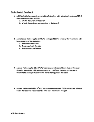 Step Up, Step Down Transformers, Transformer Efficiency, Power Transmission Worksheets