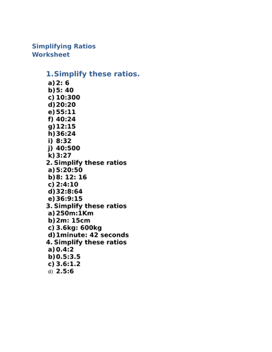 Ratio and Proportion Worksheet
