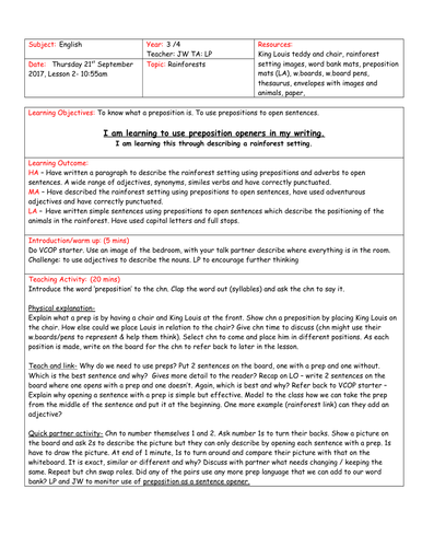 Prepositions lesson plan and resources Year 3/4 - Rainforest theme (can be adapted)