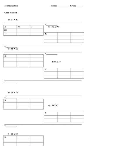 Multiplication Grid Method Worksheet/ Decimals