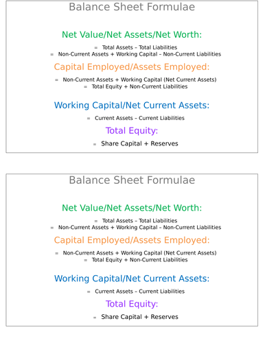 AQA A Level Business - Balance Sheet Formulae - Revision Cards