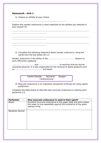 Btec Sport.  Homework sheet components of fitness