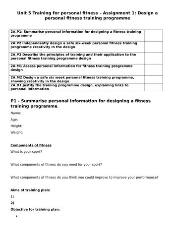 Btec Sport Unit 5 assignment tasksheets/help sheets