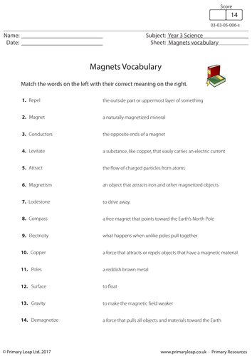 Science Worksheet - Magnets Vocabulary