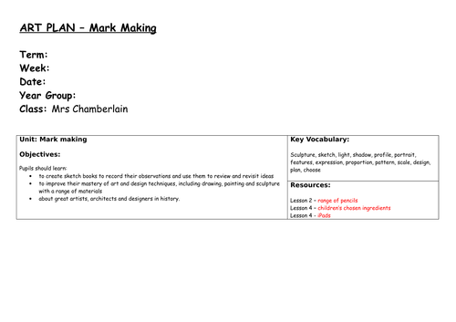 Art Mark Making Unit of Work (5 lessons - 3 way differentiation)