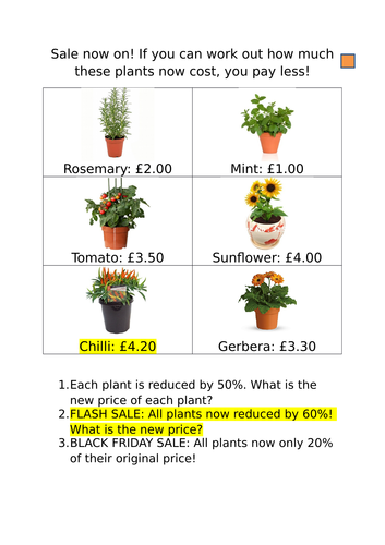 Percentages of amounts - differentiated. Garden centre themed