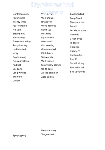 Hyphenated Words List Teaching Resources