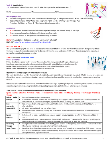 A-Level PE EDEXCEL (spec 2016) 5.6. Talent I.D: Part 1