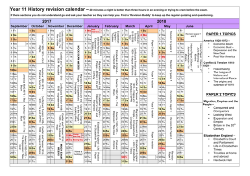 AQA History GCSE Revision Calendar for Paper 1 and Paper 2 | Teaching ...