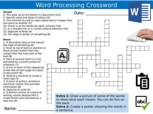 Word Processing Crossword ICT Computing Starter Activity Keywords KS3 GCSE Cover Homework
