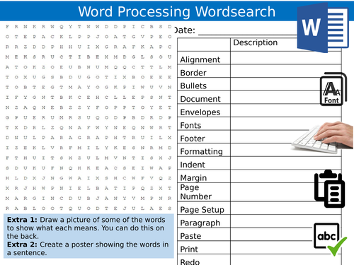 5 x Word Processing Starter Activities ICT Computing Keywords KS3 GCSE Cover Wordsearch Crossword