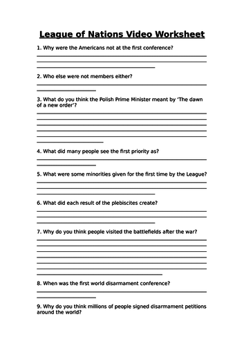 1918-1939 Conflict and Tension League of Nations Video and Worksheet