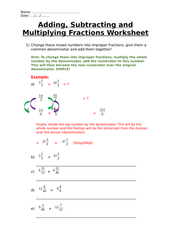 Adding, Subtracting and Multiplying Fractions Worksheet | Teaching ...