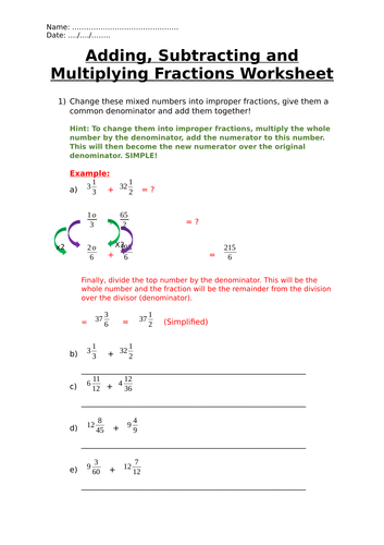 Adding, Subtracting and Multiplying Fractions Worksheet