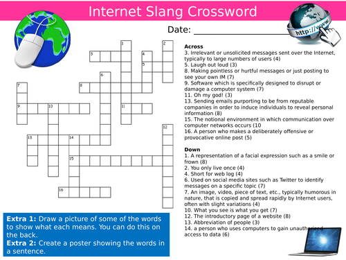 Internet Slang Crossword ICT Computing Starter Activity Keywords KS3 GCSE Cover Homework