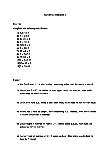 year 6 multiplying decimals worksheet teaching resources