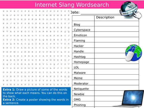 5 x Internet Slang Terms Starter Activities ICT Computing Keywords KS3 GCSE Wordsearch Crossword