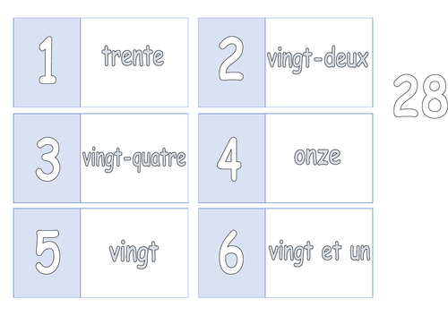 French numbers 1-30 'Follow Me' card set