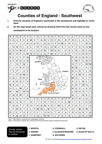Counties of England: the Southwest - word search and mapping exercise