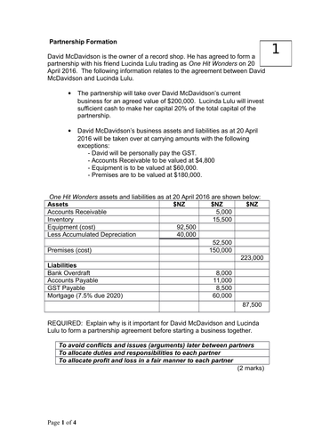 1 x partnership formation General Journal  (including goodwill) and notes to balance sheet (SoFP)
