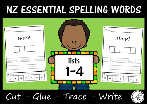 New Zealand Essential Spelling Words – Lists 1-4 – Cut, Glue, Trace & Write
