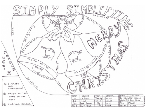 simplifying expressions xmas colouring worksheet