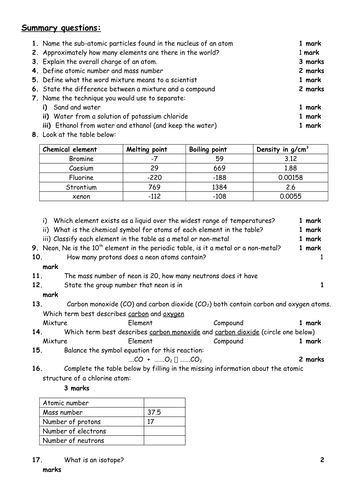 9-1 Chemistry Topic 1 mid topic summary questions