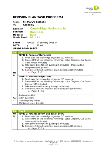 Cambridge National Jan 2018 revision plan