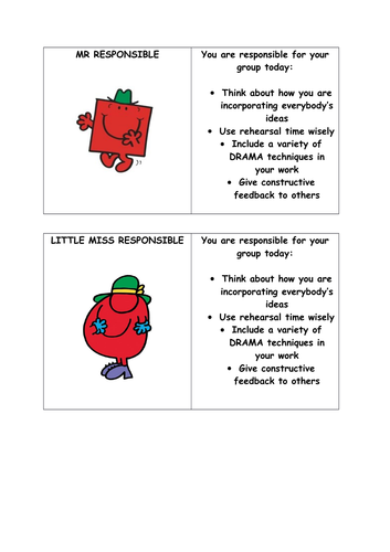Responsibility Cards for Drama