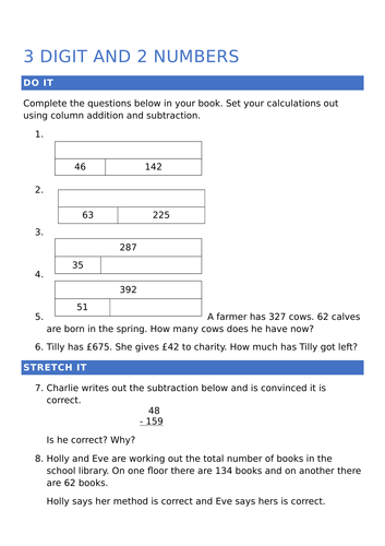 Y3 3 digit and 2 digit column addition and subtraction