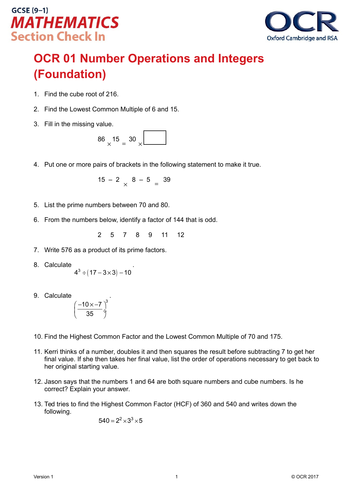 OCR Maths: Foundation GCSE - Section Check In Test 1 Number operations and integers