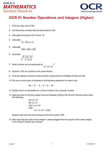 OCR Maths: Higher GCSE - Section Check In Test 1 Number operations and integers