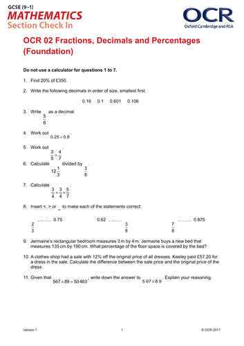 OCR Maths: Foundation GCSE - Section Check In Test 2 Fractions, decimals and percentages