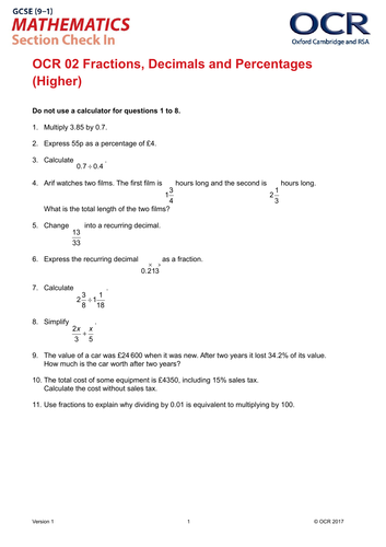 OCR Maths: Higher GCSE - Section Check In Test 2 Fractions, decimals and percentages