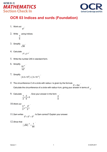 OCR Maths: Foundation GCSE - Section Check In Test 3 Indices and surds